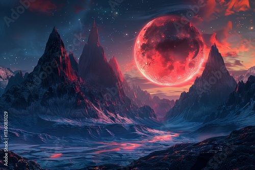 A red moon hangs low in the sky, casting an ethereal glow over a fantastical mountain range, A fantasy world with a red moon peeking out from behind towering mountains photo