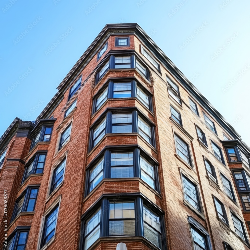 Apartment building with curved windows and brick exterior Apartment building with curved windows and brick exterior