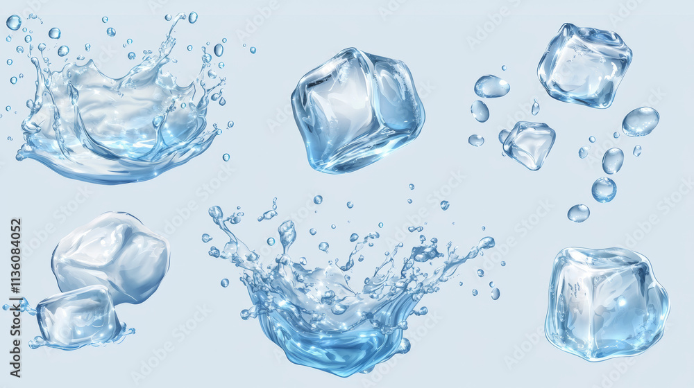 Water splashes with ice cubes set. Dynamic motion of pure liquid with droplets and air bubbles, pure hydration elements for ad isolated on transparent background. Realistic 3d vector illustration Water splashes with ice cubes set. Dynamic motion of pure liquid with droplets and air bubbles, pure hydration elements for ad isolated on transparent background. Realistic 3d vector illustration