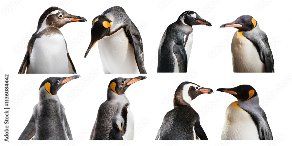 Fototapeta premium Close-Up Studies of Various Penguin Species, PNG collection, set bundle, isolate on transparent or white background