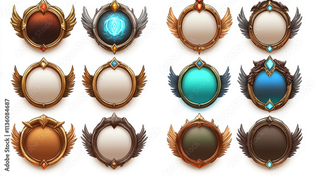 Cartoon set of round avatar frames isolated on background. Vector illustration of simple and decorated with wings golden, silver, bronze, different color circles. Game user interface design elements Cartoon set of round avatar frames isolated on background. Vector illustration of simple and decorated with wings golden, silver, bronze, different color circles. Game user interface design elements