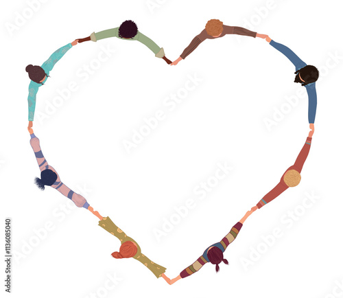 Chain of a group of multicultural isolated people seen from above holding hands and forming a heart shape.Community of volunteers or friends. Inclusion.Cooperation teamwork.Top View