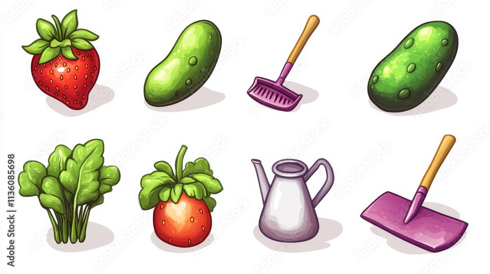 Set of farm game food ui icon with gardening tool. Isolated cartoon ...