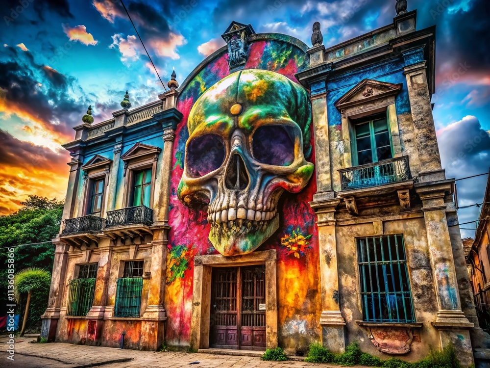 Fototapeta premium Colorful Skull Tattoo Architectural Photography - Urban Decay & Body Art
