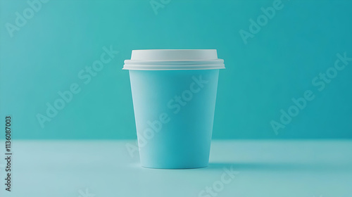 Light blue disposable coffee cup with white lid on a blue background.