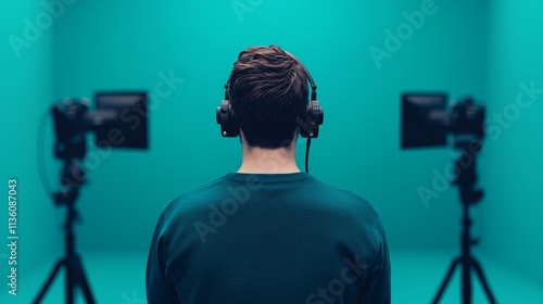 Person with headphones in a turquoise studio setting.