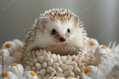 Cute hedgehog nestled among beautiful flowers, radiating charm and warmth. photo