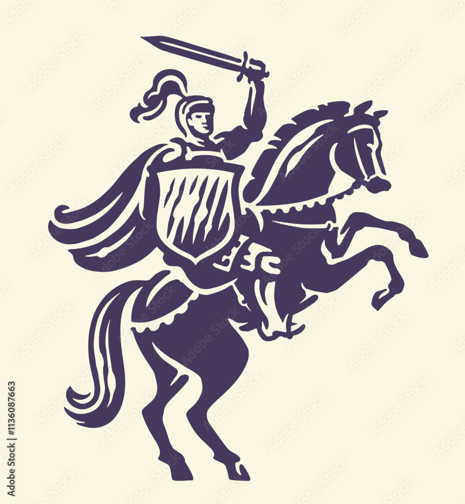 Fototapeta premium Knight with sword on rearing horse, emblem. Warrior, royal symbol. Hand drawn vector illustration
