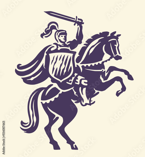 Knight with sword on rearing horse, emblem. Warrior, royal symbol. Hand drawn vector illustration