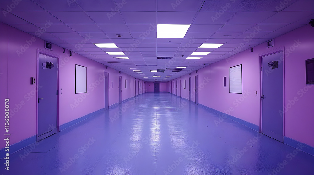 Long purple hallway with doors and lighting.