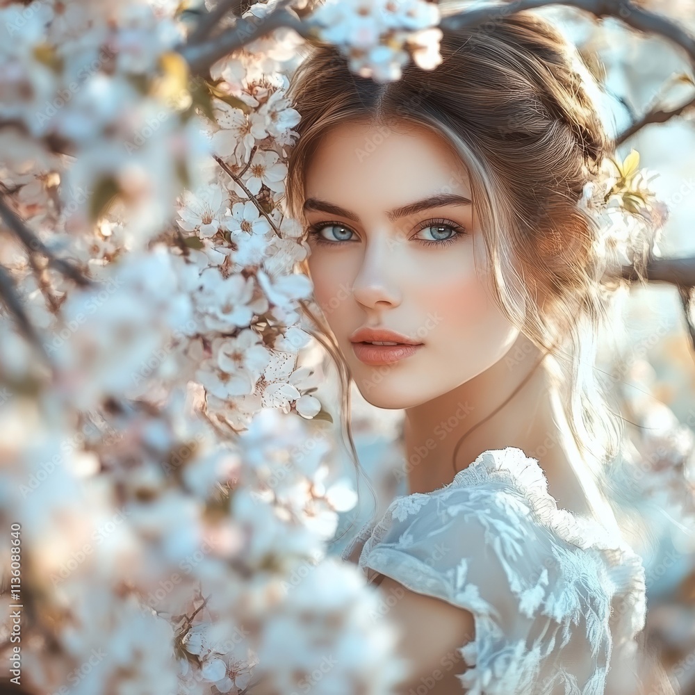 Posing girl, blooming tree Posing girl, blooming tree