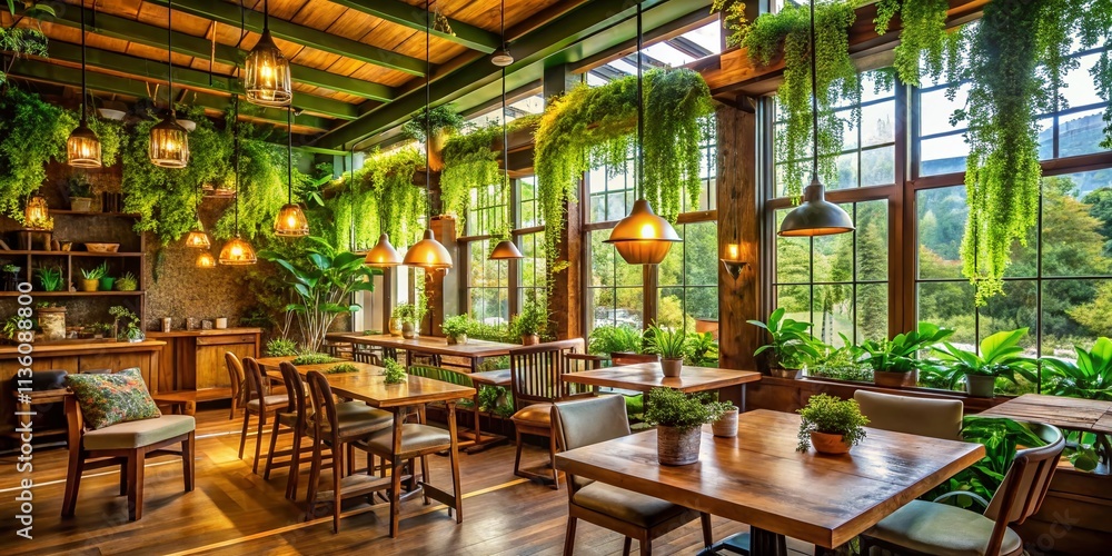Fototapeta premium Cozy Cafe Interior with Hanging Green Plants and Wooden Furniture Overlooking Nature in Soft Low Light