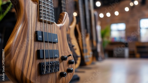 Close-up of a Exquisite Wooden Bass Guitar in a Music Store photo