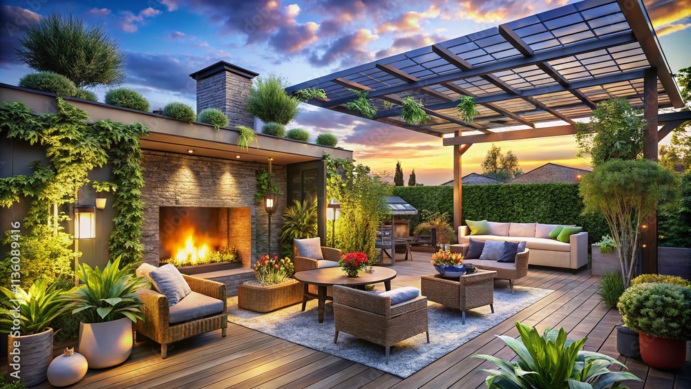 Obraz premium Cozy Patio with Solar Panels and Outdoor Fireplace Surrounded by Comfortable Furniture for Sustainable Urban Living