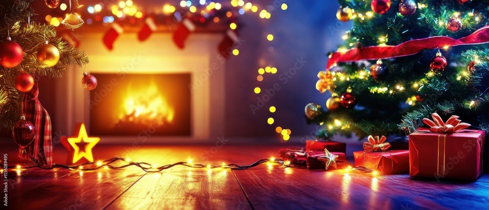 Magical Christmas Eve: Fireplace, Tree, and Presents Underneath Magical Christmas Eve: Fireplace, Tree, and Presents Underneath