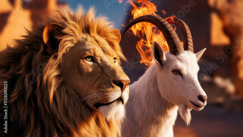 A fierce lion and a mystical goat stand side by side, their powerful features illuminated by a fiery aura, embodying strength and mystique. photo