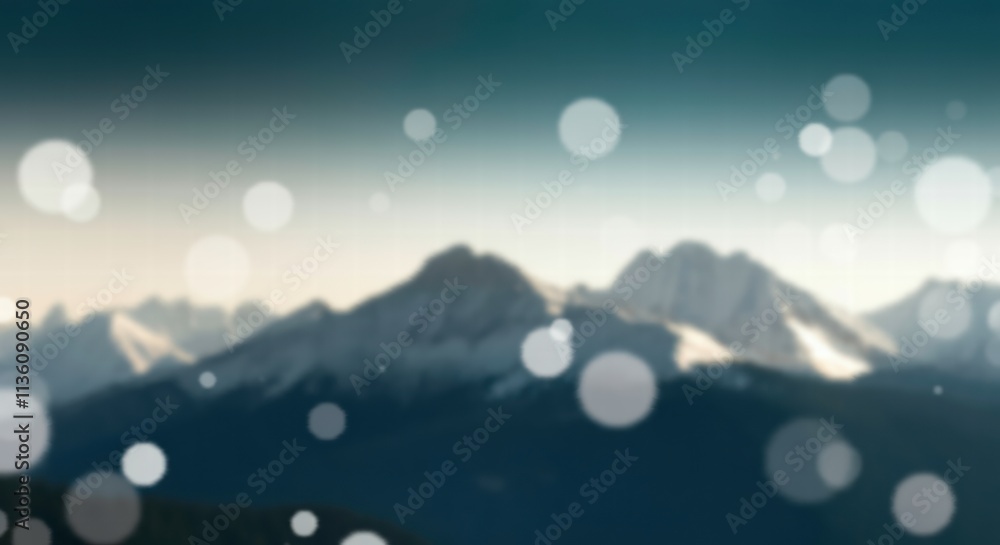 Fototapeta premium Mountain Serenity: A captivating panoramic view of snow-capped mountains, bathed in the soft glow of a winter sunrise. Abstract bokeh lights create a dreamy atmosphere.