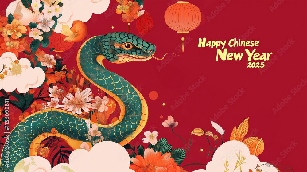 Obraz premium Chinese New Year 2025, green snake and traditional floral elements.