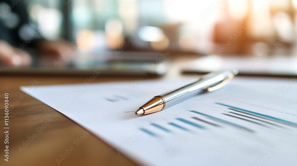 Close Up of Pen and Financial Graphs on a Wooden Desk in Office : Generative AI Close Up of Pen and Financial Graphs on a Wooden Desk in Office : Generative AI