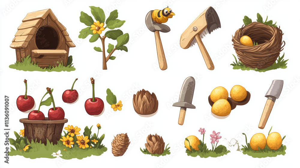 Cartoon set of gardening game assets isolated on background. Vector ...