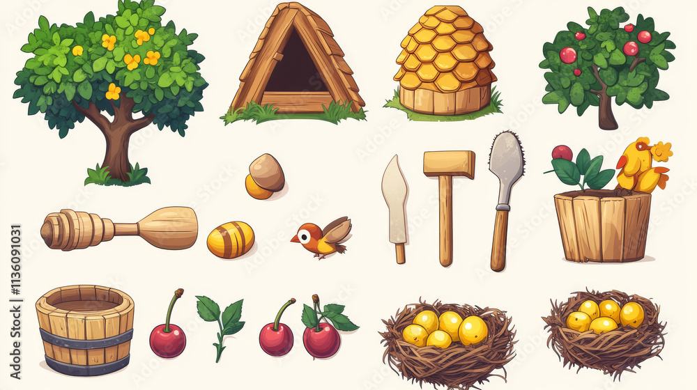 Cartoon set of gardening game assets isolated on background. Vector ...