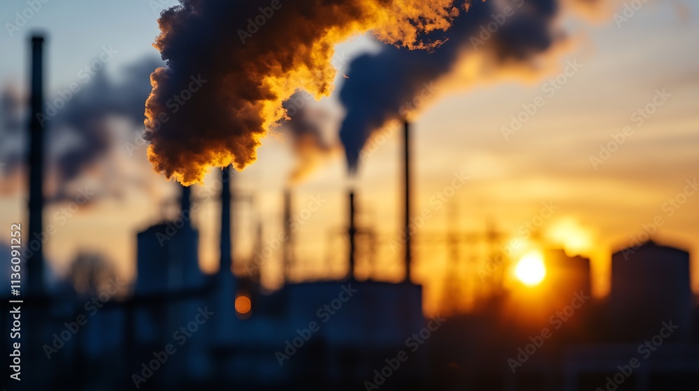 Obraz premium Industrial Factory Air Pollution with Smokestacks at Sunrise : Generative AI
