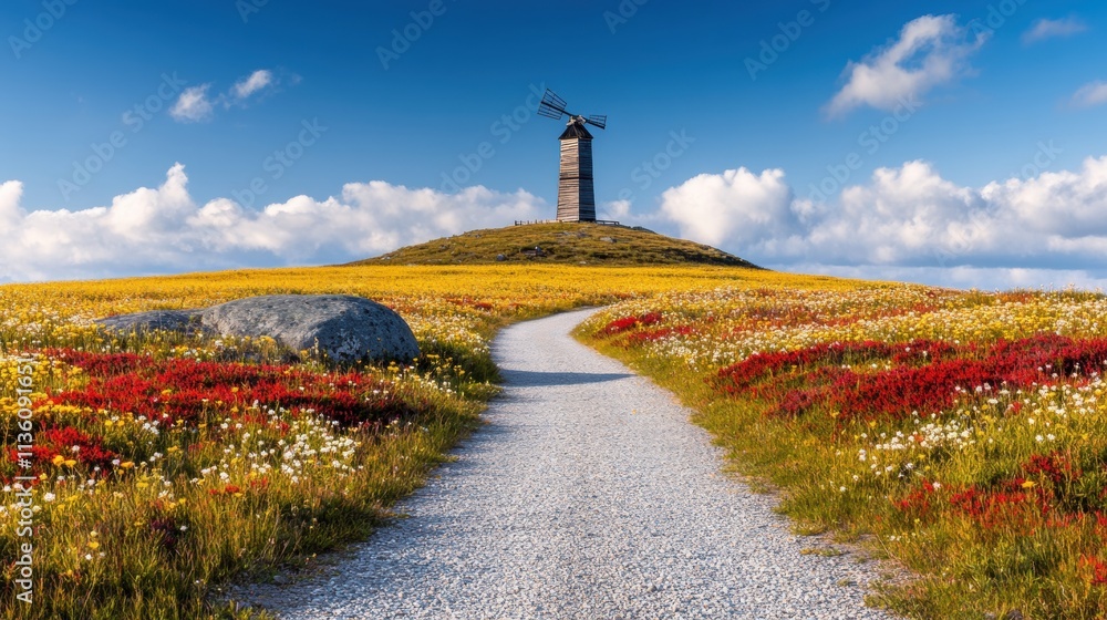 Scenic Hilltop Windmill Vibrant Wildflowers Gravel Path Scenic Hilltop Windmill Vibrant Wildflowers Gravel Path