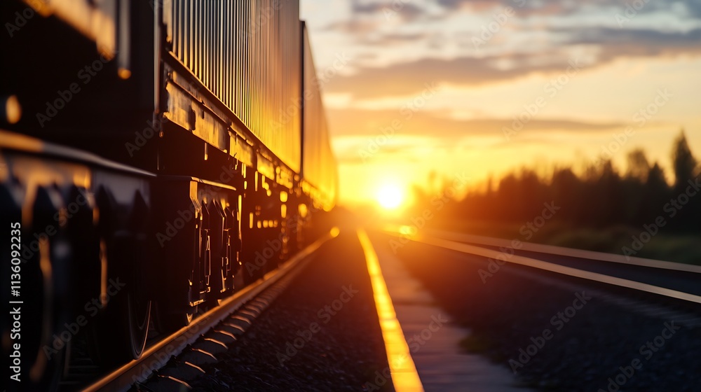 Freight Train During Sunset on Railroad Tracks in Scenic Countryside : Generative AI Freight Train During Sunset on Railroad Tracks in Scenic Countryside : Generative AI
