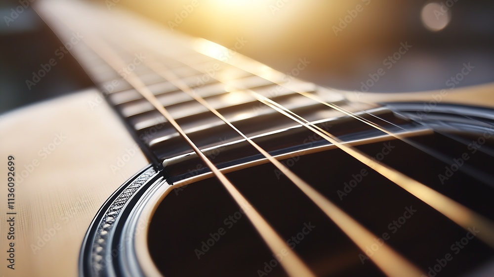 Close up of acoustic guitar strings with warm sunlight background : Generative AI Close up of acoustic guitar strings with warm sunlight background : Generative AI