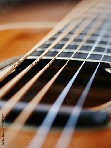 Close up of acoustic guitar strings and wooden body with warm tones : Generative AI