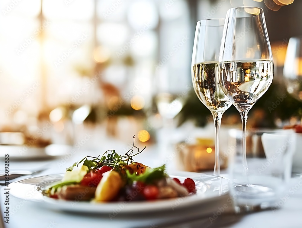 Fine Dining Experience with Elegant Table Setting and Wine Glasses at Luxurious Restaurant : Generative AI Fine Dining Experience with Elegant Table Setting and Wine Glasses at Luxurious Restaurant : Generative AI