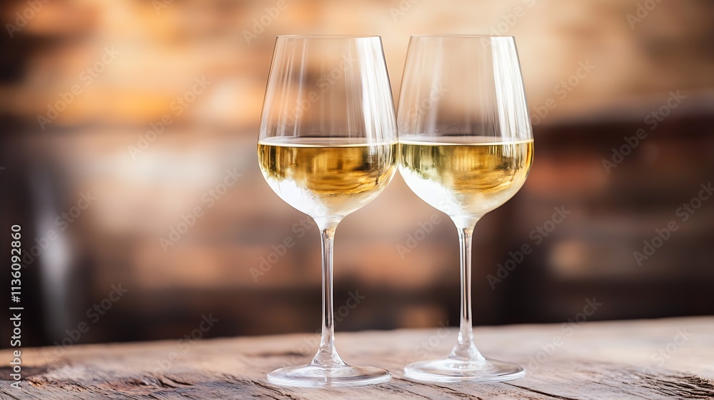 Elegant White Wine Glasses on Wooden Table in Soft Warm Lighting : Generative AI Elegant White Wine Glasses on Wooden Table in Soft Warm Lighting : Generative AI