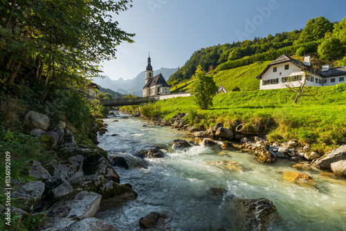 Kirche in Ramsau bei Berchtesgaden, Ramsauer Ache, Berchtesgadener Land, Bayern, Deutschland photo