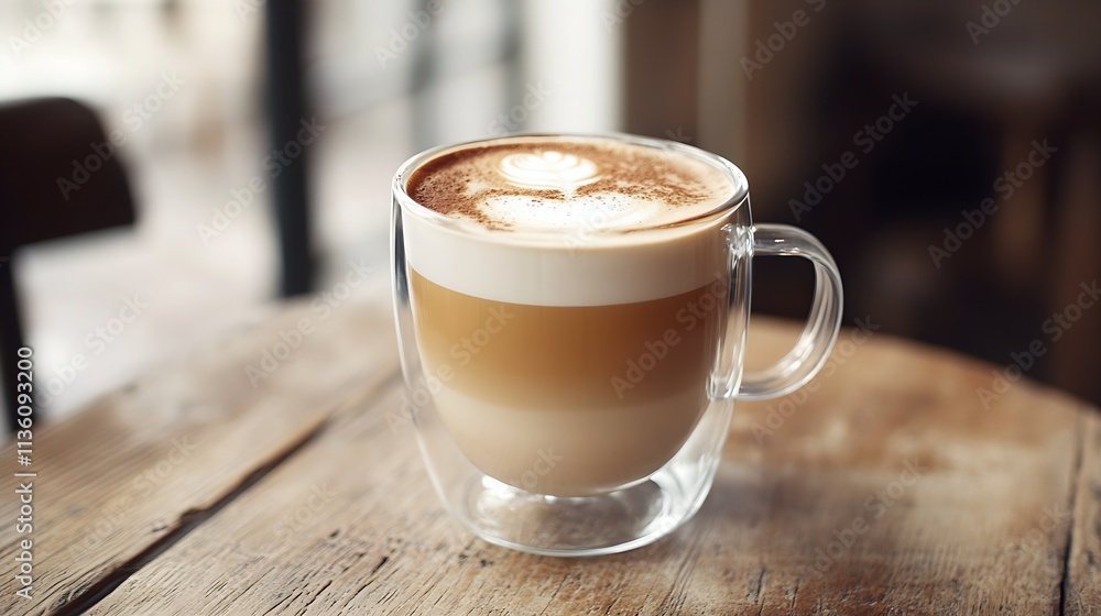 Captivating Cappuccino Presentation in Glass Mug on Wooden Café Table : Generative AI Captivating Cappuccino Presentation in Glass Mug on Wooden Café Table : Generative AI