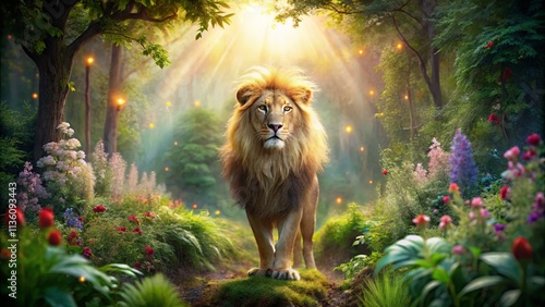 Majestic Lion in Enchanted Forest Setting photo