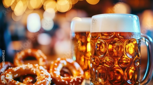 A festive Oktoberfest celebration with beer steins and pretzels against a lively beer tent backdrop, macro shot, Minimalist style photo