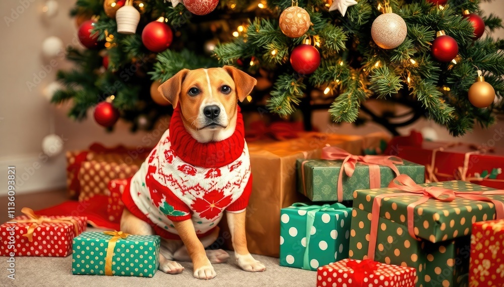 Dog Wearing a Christmas Sweater Sitting Next to a Pile of Wrapped Presents Under the Tree. Free Christmas Background. Chrismas Wallpaper. Cool Wallpaper 4k Dog Wearing a Christmas Sweater Sitting Next to a Pile of Wrapped Presents Under the Tree. Free Christmas Background. Chrismas Wallpaper. Cool Wallpaper 4k