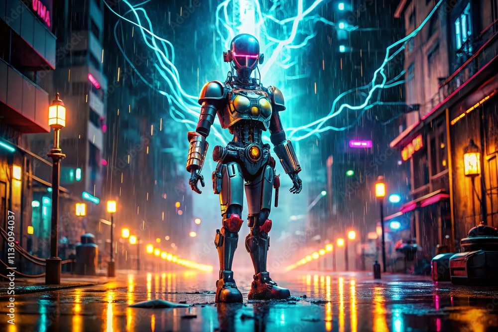 Cyberpunk Robot Short Circuit Night Photography: Glowing Wires, Sparks, Dark Cityscape Cyberpunk Robot Short Circuit Night Photography: Glowing Wires, Sparks, Dark Cityscape
