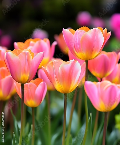 Delicate tulips in shades of pink and yellow showcasing springtime beauty in a vibrant floral garden : Generative AI