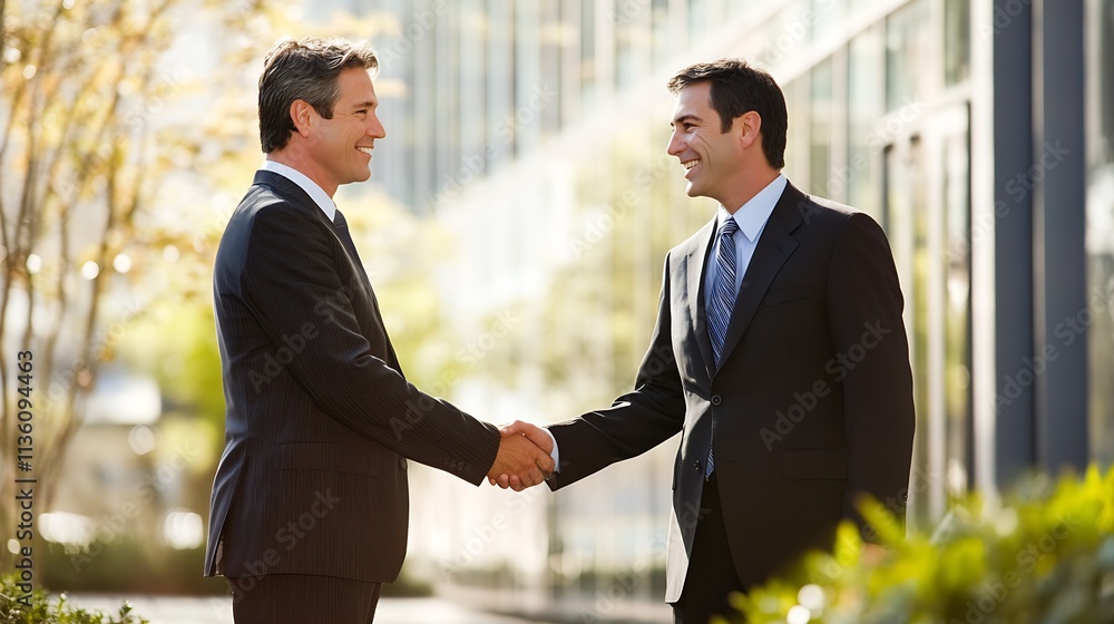Two Elegant Businessmen Engaging in a Handshake Outdoors Amidst Corporate Glass Skyscrapers : Generative AI Two Elegant Businessmen Engaging in a Handshake Outdoors Amidst Corporate Glass Skyscrapers : Generative AI