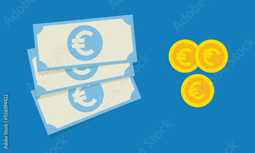 Euro bills and gold coins flat style illustration. Business or economics concept background