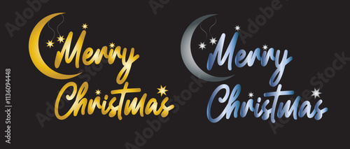 Merry Christmas calligraphy hand lettering typography design element, Premium Merry Christmas gold and silver text

