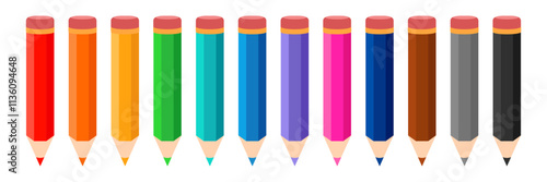 Collection colored pencil icons, color pencils, varicolored pencils, multicolored pencils. 