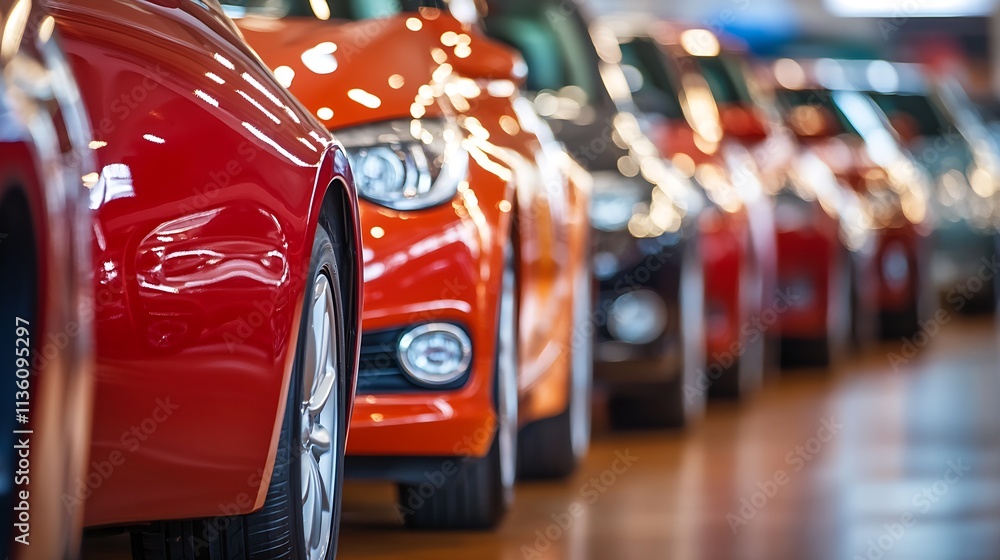 Row of Vibrant Colored Cars in Modern Auto Dealership Showroom : Generative AI Row of Vibrant Colored Cars in Modern Auto Dealership Showroom : Generative AI