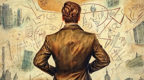 Wallpaper Mural Man contemplating complex urban planning sketches. Torontodigital.ca