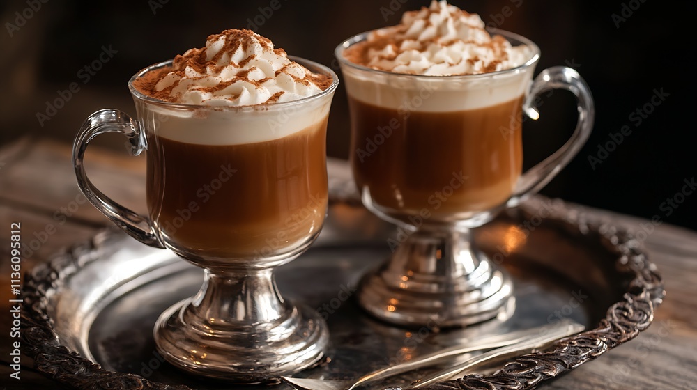 Two Elegant Glass Mugs of Whipped Cream Coffee on a Vintage Tray : Generative AI Two Elegant Glass Mugs of Whipped Cream Coffee on a Vintage Tray : Generative AI