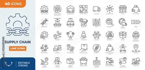 Supply chain line editable icon set. contain icons related to supply chain, value chain, logistic, delivery, manufacturing, commerce and more. vector illustration