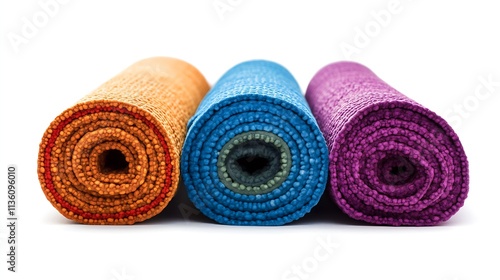 Three textured yoga mats rolled in vibrant colors ready for workout and inner peace journey : Generative AI