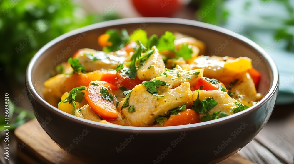 Healthy Homemade Chicken Stew with Vegetables in Rustic Bowl Topped with Fresh Herbs : Generative AI Healthy Homemade Chicken Stew with Vegetables in Rustic Bowl Topped with Fresh Herbs : Generative AI