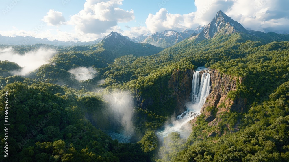 Breathtaking Aerial View of a Hidden Valley Surrounded by Mountains and Waterfalls in Vibrant Green Landscape Breathtaking Aerial View of a Hidden Valley Surrounded by Mountains and Waterfalls in Vibrant Green Landscape